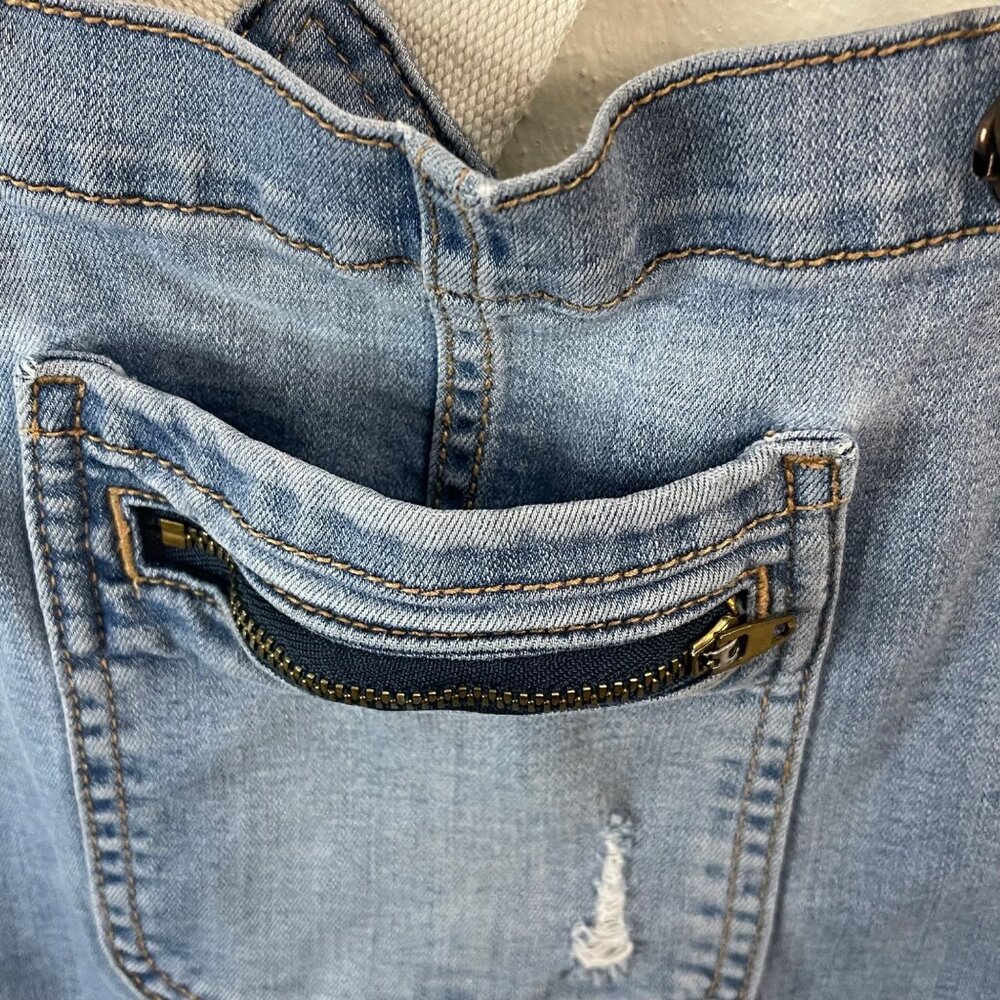 Distressed blue denim short jumpsuit with adjustable white straps, Size 16 - Picture 5 of 12